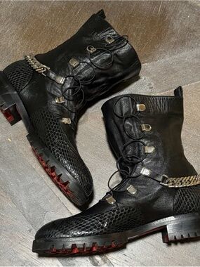Christian Louboutin Guarda Chain Strap Black Combat Boots 38.5